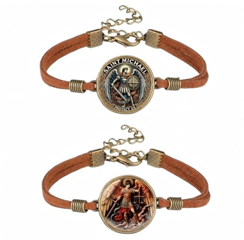 2 Pcs Archangel Saint Michael Leather Bracelet Set - Zinc Alloy Crystal Glass Pendant, Lucky Protection Jewelry, Adjustable Chain, Vintage Style