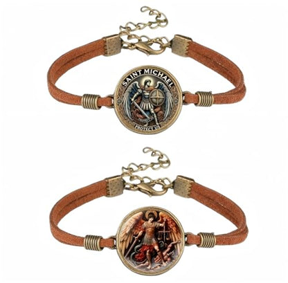 2 Pcs Archangel Saint Michael Leather Bracelet Set - Zinc Alloy Crystal Glass Pendant, Lucky Protection Jewelry, Adjustable Chain, Vintage Style