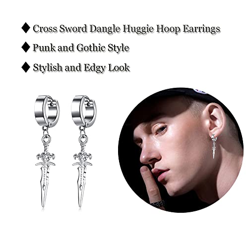 Unisex Punk Hip Hop Stainless Steel Silver Black Gold Tone Lock Thunder Lightning Bolt Dangle Huggie Hoop Earrings Gift for Women Men Boy Teens - color: Silver-Cross Sword