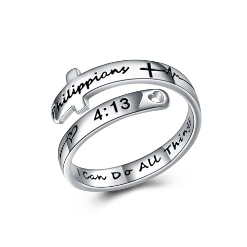 POPLYKE Cross Rings Sterling Silver Faith Adjustable Wrap Rings for Women Inspirational Jewelry Gifts - color: white