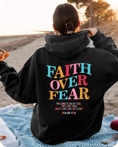 Faith Over Fear Hoodie Womens Christian Graphic Cute Hoodies Cotton Blend Sweatshirt Casual Tops - color: Black, size: Medium