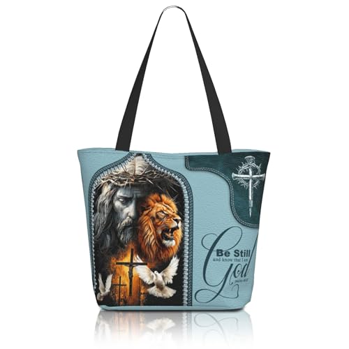 Christian Tote Bags for Women Bible Bags for Women Religious Gifts Bible Church Bag Reusable Grocery Shopping Bag - color: Jesus and the Lion