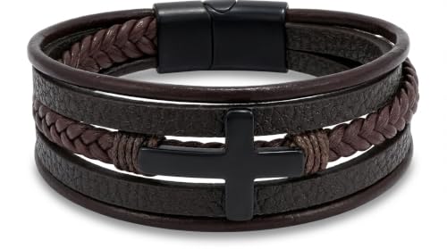 Stainless Steel Braided Leather Bracelet for Men Cuff Bangle Cross - color: Brown&Black