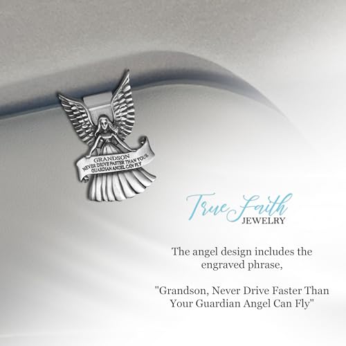 True Faith Jewelry Pewter Never Drive Faster Than Your Guardian Angel Can Fly Grandson Visor Clip, New Driver Gifts from Grandma and Grandpa, Fine Pewter (92% Tin) - size: Grandson Angel 2