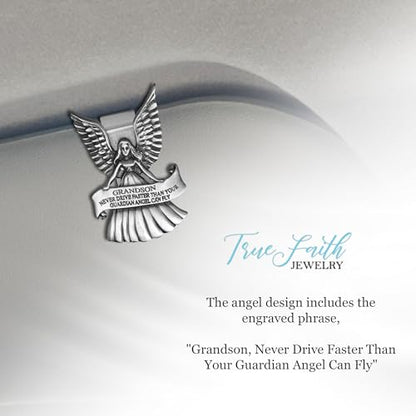 True Faith Jewelry Pewter Never Drive Faster Than Your Guardian Angel Can Fly Grandson Visor Clip, New Driver Gifts from Grandma and Grandpa, Fine Pewter (92% Tin) - size: Grandson Angel 2