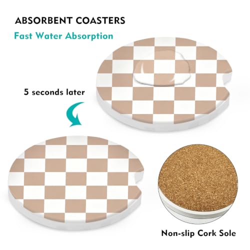 Car Coasters 2 Pack, Small 2.56" Stone Car Interior Cupholder Absorbent Coaster with Cork Back for Women Men Coffee Drink Cup Coasters (Bronze-White Checkered) - color: Bronze-white Checkered