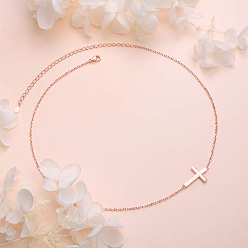 DAOCHONG S925 Sterling Silver Sideways Cross Choker Necklace 14+4 Inch - color: Rose gold-tone