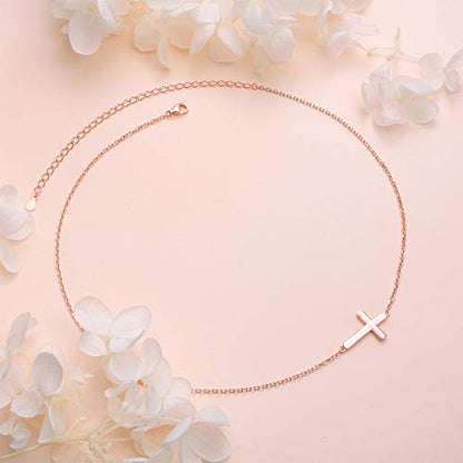 DAOCHONG S925 Sterling Silver Sideways Cross Choker Necklace 14+4 Inch - color: Rose gold-tone