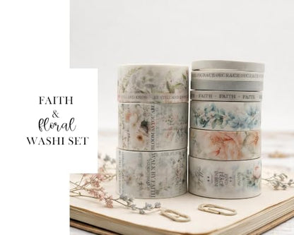 Bible Journaling Washi Tape Set for Women – 10 Rolls Floral Faith Theme Washi Tape with Scripture Verse & Christian Words, Decorative Tape for Planner, Prayer Journal Supplies (10)
