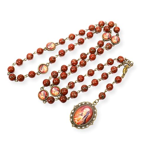 Nazareth Store Our Lady of Sorrows Stone Beads Rosary Solid Beaded Chaplet Necklace with Epoxy 7 Seven Sorrows Medallion - color: Red Jasper