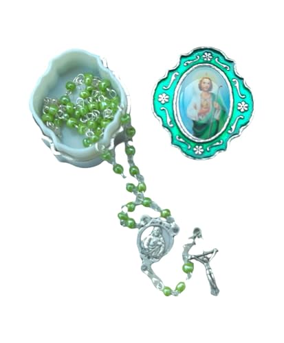 Catholic Silver Linked Rosary Set – 3mm Beads, 14.25" Length, Metal Keepsake Gift Box with Enamel Inlay – Perfect First Communion Gift (St. Jude) - color: St. Jude