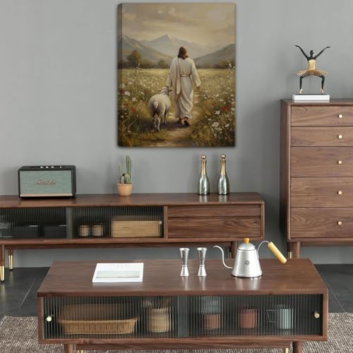Jesus Leaves The 99 Sheep Canvas Wall Art Jesus and Lamb Posters Prints - size: 24"L x 16"W