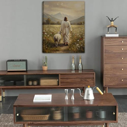 Jesus Leaves The 99 Sheep Canvas Wall Art Jesus and Lamb Posters Prints - size: 18"L x 12"W