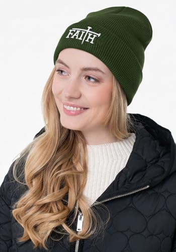 Christian Jesus Cross Beanie - Faith Winter Beanie Hats for Men Women - Religious Gifts for Christmas & New Years - color: Faith-white Cross/Olive Green