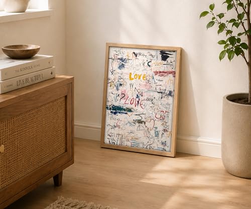 Framed Modern Neutral Abstract Textured Graffiti Love Wall Art, 12x16 Inch - color: Multicolor On White/Cream Background With Red, Yellow, Blue, Black, Green, And Pink Accents, size: 12"L x 16"W