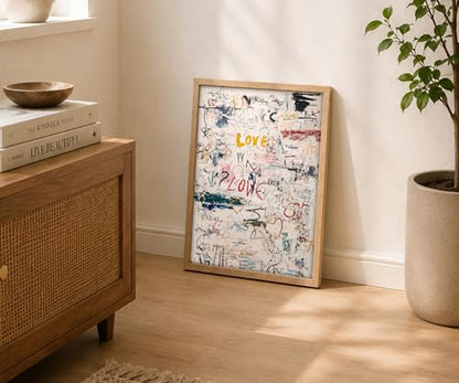 Framed Modern Neutral Abstract Textured Graffiti Love Wall Art, 12x16 Inch - color: Multicolor On White/Cream Background With Red, Yellow, Blue, Black, Green, And Pink Accents, size: 12"L x 16"W