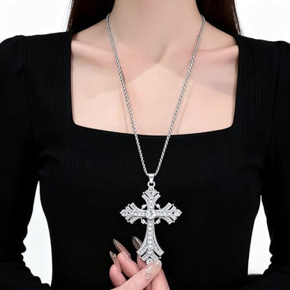 Gold Large Cross Necklace For Women Men Long Zircon Chunky Cross Necklace Retro Gothic Y2K Style Jewelry Statement Surprising Hallowmas Christmas Party Ball Jewelry Accessories Gift - color: silver