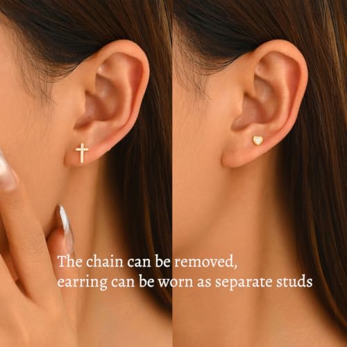 925 Sterling Silver Cross Heart Chain Stud Earring for Women - color: Golden