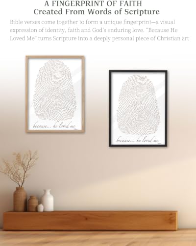 iHery 12x16in Because He Loved Me Fingerprint Bible Verse Framed Wall Art - color: Beige Frame White Art, size: 16"L x 12"W