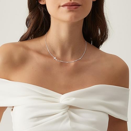 AllenCOCO Sterling Silver Cross Necklace for Women, 14K Gold or Silver Dainty Small Cross Pendant Choker Simple Trendy Cute Cross Charm Chain Easter Baptism Religious Faith Jewelry Gift - color: Sideways Cross-Silver