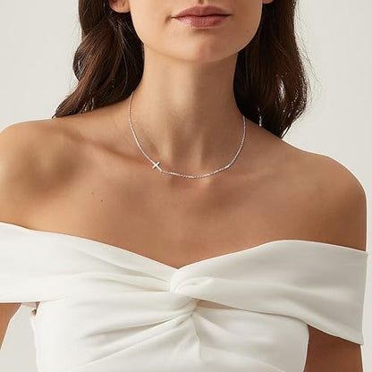 AllenCOCO Sterling Silver Cross Necklace for Women, 14K Gold or Silver Dainty Small Cross Pendant Choker Simple Trendy Cute Cross Charm Chain Easter Baptism Religious Faith Jewelry Gift - color: Sideways Cross-Silver