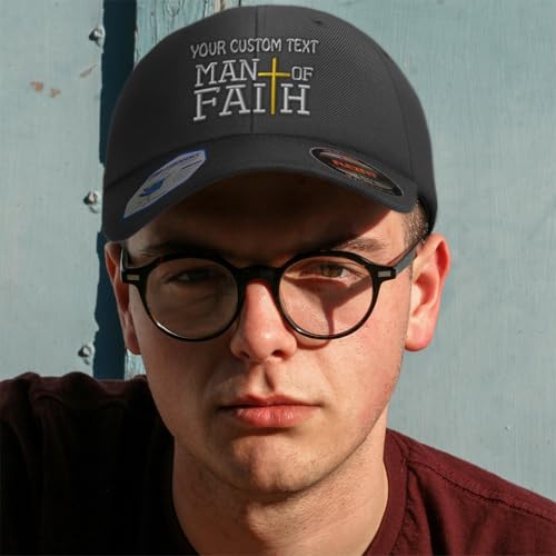 Custom Flexfit Cap for Men & Women Embroidered Man of Faith God Jesus Christian Flexfit Hats Baseball Caps - color: Dark Navy Personalized Text Here, size: Large-X-Large