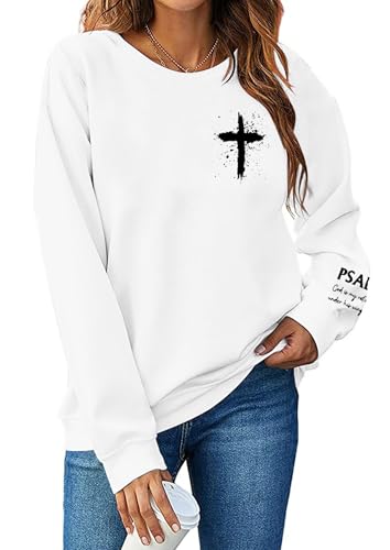 MOUSYA Women Christian Sweatshirt Psalms 91 Sleeve Print Sweatshirt Bible Verse Pullover - color: White, size: Large