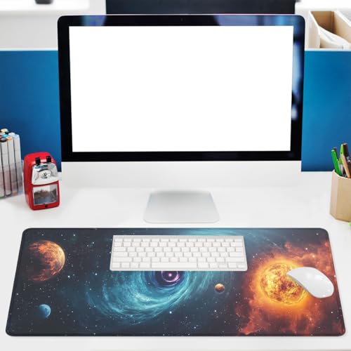 Galaxy Space Gaming Mouse Pad Black Hole Solar Extended Mousepad Waterproof Stitched Edges Rubber Base Non-Slip Deskmap Computer Keyboard Mat 31.5x11.8 Inch - color: Galaxy Space, size: 31.5" x 11.8"