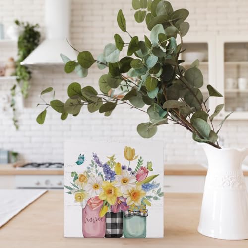 Spring Summer Floral Decor, Home Wooden Sign, Colorful Tulip Flower Decor Wooden Box Sign Decoration for Farmhouse Shelf Table Decoration,Vase with Flowers Prints Sign 5x5 - color: 1-Floral Decor(burlywood)