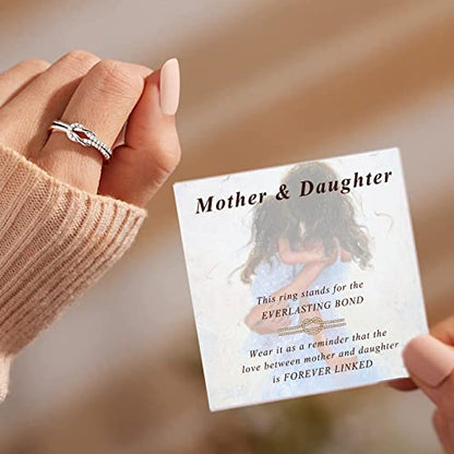 MOROTOLE To My Mom Sterling Silver Ring, Love Knot Silver Ring for Women Forever Linked You And Mom Rings Adjustable Thumb Rings Mother Gifts… - color: Knot Rings * 2 (Mother & Daughter Card * 2)