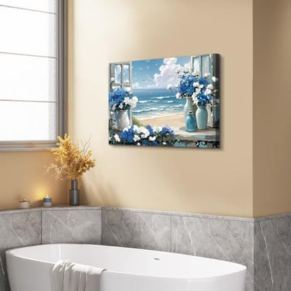Coastal Flower Bathroom Canvas Wall Art Farmhouse Blue Bathroom Wall Decor - color: Beach Wall Art Canvas Prints (Ready to Hang)