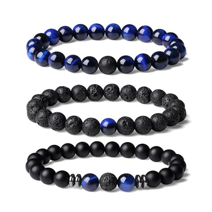 Mens Beaded Bracelets, 8MM Beaded Bracelets for Men, Natural Tiger Eye Bead Bracelet, Stretch Elastic Beads Bracelets for Men - color: 3 lapis lazuli volcanic black