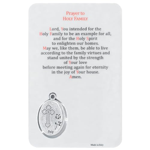 Holy Prayer Card with Built-In Medal Pendant | Laminated Full-Color Prayer Card | Great Variety | Great Christian Gift for First Communion and Confirmation (Holy Family Prayer Card with Medal) - color: Holy Family Prayer Card with Medal