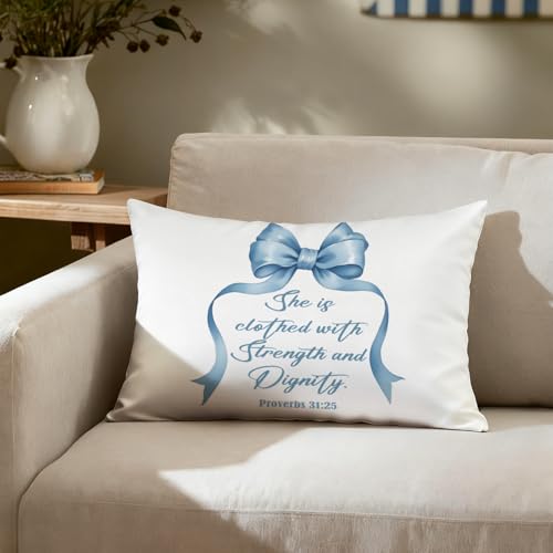 Blue Christian Bible Verse Pillow Covers 12x20, Preppy Girly Room Decor, Proverbs 31:25 Christian Decorative Throw Pillow Covers Pillowcases for Girls Bedroom Dorm Home Decor - color: Blue Bible(white02）