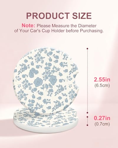 Swooflia Floral Absorbent Ceramic Car Coasters Set of 2, Cute Botanical Wildflower Cup Holder Coasters for Car, Blue Flower Car Accessories for Women, Unique Gifts for Mom, Friends, Teachers Coworkers - color: Blue