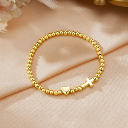Turandoss Gold Cross Bracelet for Women Heart Beaded Bracelet Faith Jewelry - color: Dainty Cross Bracelet