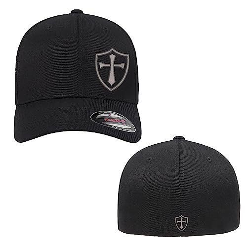 Crusader Cross Military Logo Front and Back Embroidered Fitted Hat Black Grey Navy Red Olive Royal Blue Curved or Flat Brim - color: Black Curved, size: Small-Medium