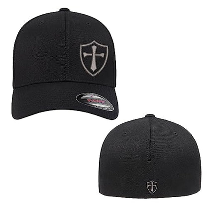 Crusader Cross Military Logo Front and Back Embroidered Fitted Hat Black Grey Navy Red Olive Royal Blue Curved or Flat Brim - color: Black Curved, size: Large-X-Large