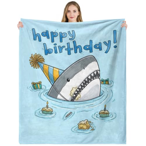 Happy Birthday Throw Blanket Shark 50x60 Inch Funny Shark Birthday Gifts for Kids Boys Soft Cozy Blue Cartoon Birthday Blanket - color: Happy Birthday 2