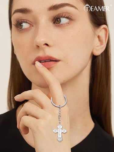 TEAMER Cross Keychain Russian Orthodox Crucifix Eastern Church Keychain Religious Christian Prayer Jewelry for Men Women - color: White Silver