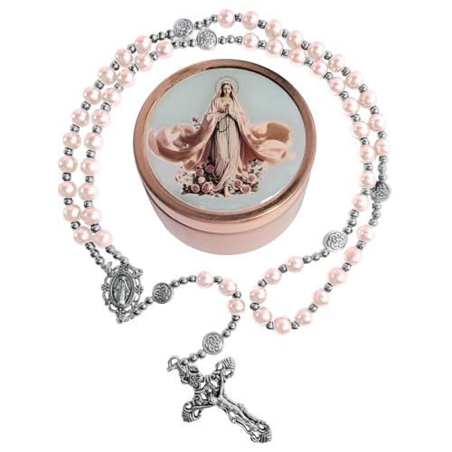 8mm Glass Pearl Rosary - Catholic Necklace for Men and Women Comes in a Metal Gift Box, First Communion Rosary Necklace as Gifts - color: Pink
