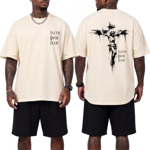 BINTEHGS Christian Faith Over Fear Shirt Jesus Cross T Shirts for Mens Oversized Religious Tshirts God Vintage Graphic Tee - color: Apricot, size: X-Large