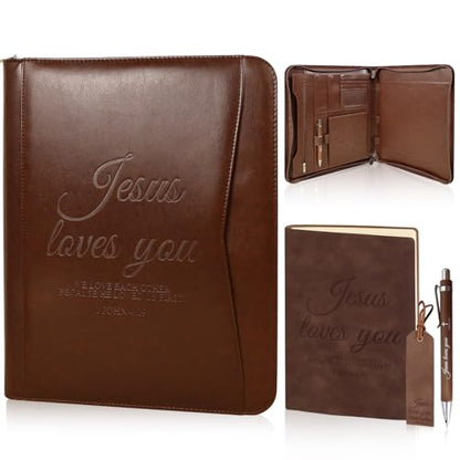 4 Pcs Christian Gifts for Men Pastors Appreciation Leather Bible Portfolio Scripture Notebook Bookmark Pen Religious Present Pastor Kit Supplies Accessories, 'Jesus loves you' Church Notes Journal - style: Jesus loves you