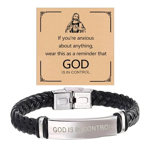God is in Control Leather Bracelet, Stainless Steel Christian Faith Braided Engraved Bar Bracelets Self Worth Motivation Bracelet Inspirational Friendship Jewelry for Men Women - color: Silver