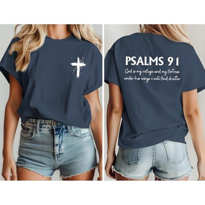 Christian Shirts for Women Psalms 91 Jesus Shirt Religious Faith God Tshirt Bible Verse Inspirational Tees Tops - color: Navy Blue, size: Small