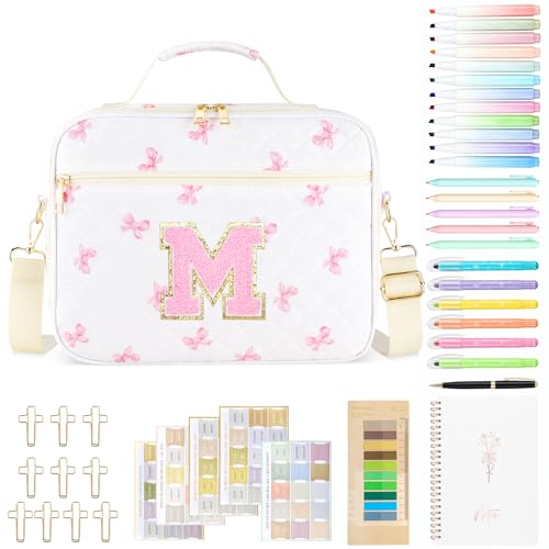 Personalized Initial Bible Cover Case for Women Bible Bag w/Study Supplies - color: Pink Bow, size: M
