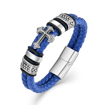 Mens Christian Cross Double Row Leather Bracelet, Religious Braided Cuff Bracelet for Men - color: Blue, size: 8.1 inches