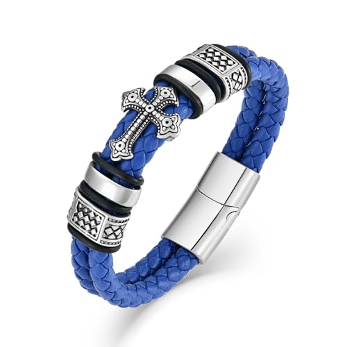 Mens Christian Cross Double Row Leather Bracelet, Religious Braided Cuff Bracelet for Men - color: Blue, size: 8.1 inches