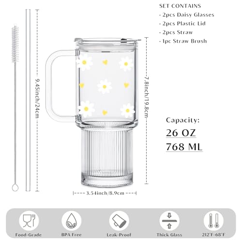 INSETLAN 26 oz Glass Tumbler with Handle, 2-Pack Iced Coffee Cups - color: 2 Pcs - Daisy
