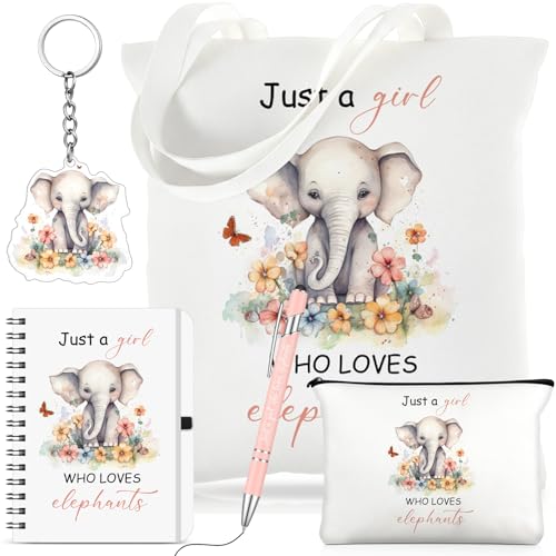 Kinlop 5 Pcs Elephant Pattern Gifts for Women Include Just a Girl Who Loves Elephants Tote Bag Canvas Cosmetic Bag Coil Notebook Keychain and Ballpoint Pen for Women Girls - color: Pink, style: Elephant